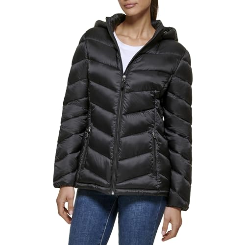 Calvin Klein Women's Light-weight Hooded Puffer Jacket, Ebony, X-Small