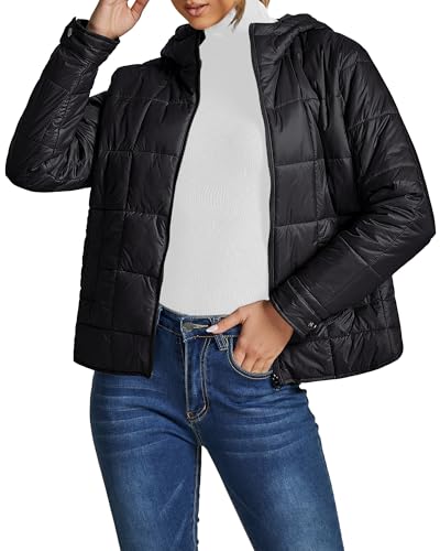 luvamia Women Puffer Coat Womens Jackets Casual Jackets for Women Light Weight Jackets for Women Long Sleeved Black Hoodie Jacket Cozy Apparel Fall Clothes Woman Black Medium Fits Size 8 / Size 10