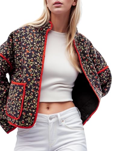 Wyeysyt Women's Cropped Puffer Jacket Lightweight Floral Print Long Sleeve Padded Quilted Puffy Cardigan Coat (Black-M)