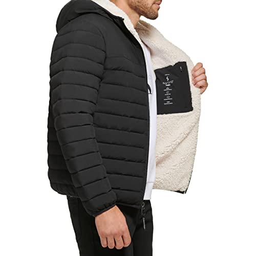 Calvin Klein Men's Hooded Down Jacket, Quilted Coat, Sherpa Lined, Ebony, Medium