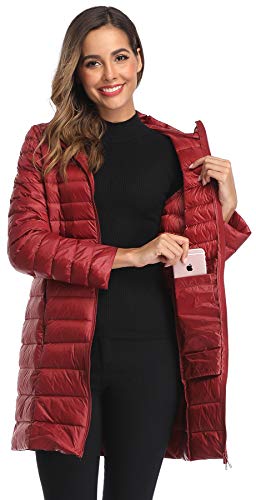 Obosoyo Women's Winter Packable Down Jacket Lightweight Long Down Outerwear Puffer Jacket Hooded Coat Black M