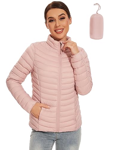 ROYAL MATRIX Women's Packable Puffer Jacket Lightweight Quilted Puffer Jacket Winter Warm Zip-up Jacket Puffy Jacket with Stand Collar (Pink, L)