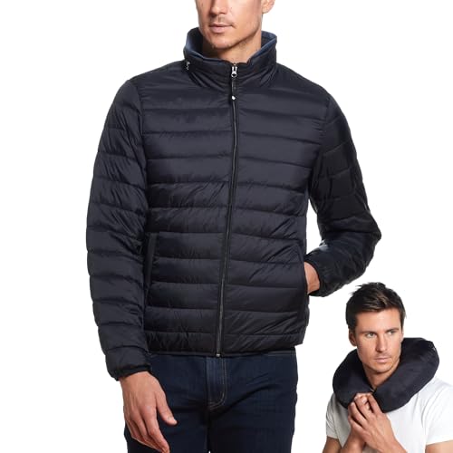 Weatherproof Mens Puffer Jackets - Packable Travel Neck Pillow Black Alternative Down Puffer Jacket Men (Black, L)