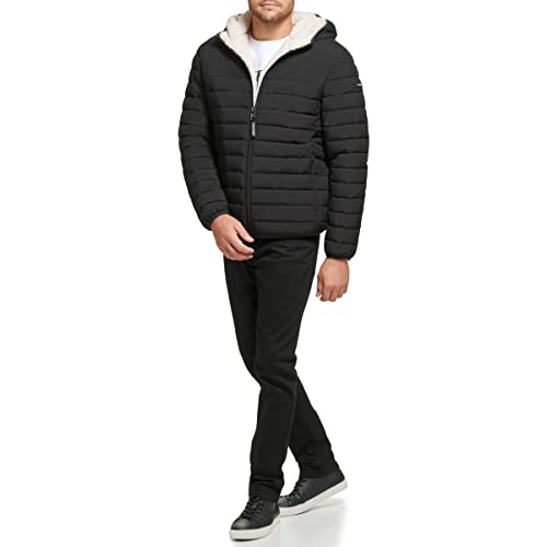 Calvin Klein Men's Hooded Down Jacket, Quilted Coat, Sherpa Lined, Ebony, Medium