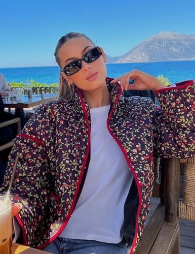 Wyeysyt Women's Cropped Puffer Jacket Lightweight Floral Print Long Sleeve Padded Quilted Puffy Cardigan Coat (Black-M)