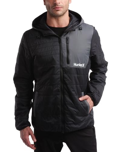 Hurley Men's Jacket - Balsam Lightweight Packable Puffer Coat - Weather Resistant Outerwear Windbreaker Coat for Men (M-XL), Size Medium, Black/Grey