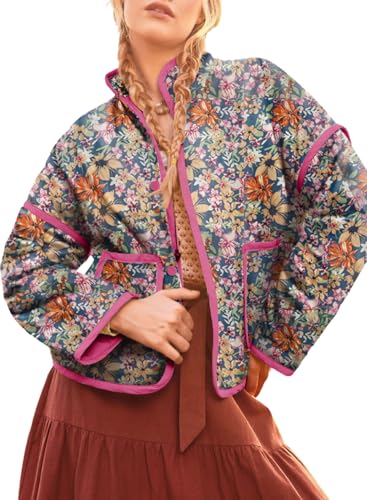 Dokotoo Womens Jackets Stand Collared Long Sleeve Drop Shoulder Pocketed Quilted Winter Jacket Coats Women Casual Soft Open Front Button Up Warm Floral Print Cropped Puffer Jacket Multicolour XL