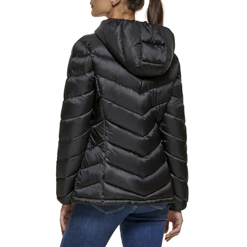 Calvin Klein Women's Light-weight Hooded Puffer Jacket, Ebony, X-Small