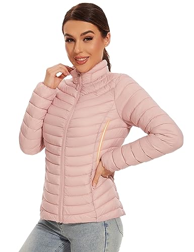 ROYAL MATRIX Women's Packable Puffer Jacket Lightweight Quilted Puffer Jacket Winter Warm Zip-up Jacket Puffy Jacket with Stand Collar (Pink, L)