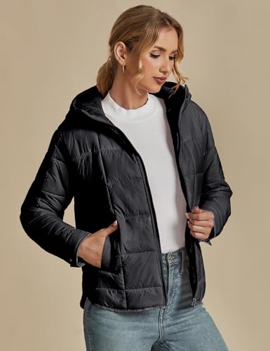luvamia Women Puffer Coat Womens Jackets Casual Jackets for Women Light Weight Jackets for Women Long Sleeved Black Hoodie Jacket Cozy Apparel Fall Clothes Woman Black Medium Fits Size 8 / Size 10