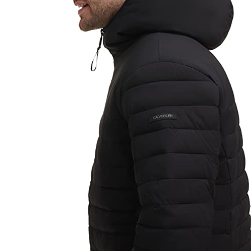 Calvin Klein Men's Hooded Down Jacket, Quilted Coat, Sherpa Lined, Ebony, Medium
