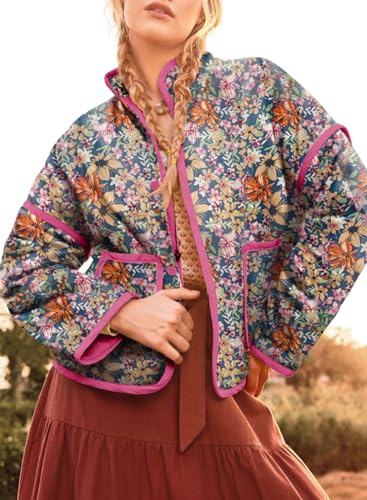 Dokotoo Womens Jackets Stand Collared Long Sleeve Drop Shoulder Pocketed Quilted Winter Jacket Coats Women Casual Soft Open Front Button Up Warm Floral Print Cropped Puffer Jacket Multicolour XL