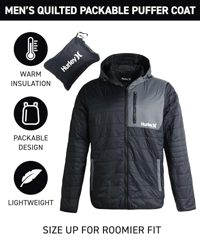 Hurley Men's Jacket - Balsam Lightweight Packable Puffer Coat - Weather Resistant Outerwear Windbreaker Coat for Men (M-XL), Size Medium, Black/Grey
