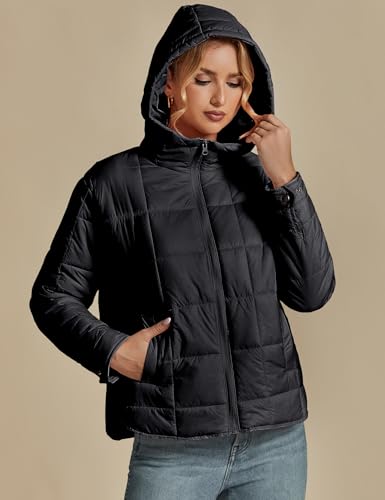luvamia Women Puffer Coat Womens Jackets Casual Jackets for Women Light Weight Jackets for Women Long Sleeved Black Hoodie Jacket Cozy Apparel Fall Clothes Woman Black Medium Fits Size 8 / Size 10