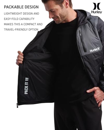 Hurley Men's Jacket - Balsam Lightweight Packable Puffer Coat - Weather Resistant Outerwear Windbreaker Coat for Men (M-XL), Size Medium, Black/Grey