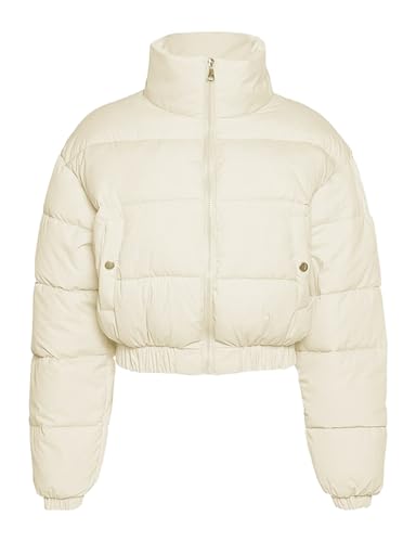 Fenclushy Women's Winter Cropped Puffer Jacket Long Sleeve Button Bown Short Coat(Beige,L)