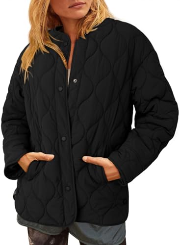 Dokotoo Puffer Jacket Womens Winter Casual Quilted Jackets Fashion Fall Button Down Long Sleeve Drop Shoulder Round Neck Padded Coats Oversized Warm Lightweight Outerwear with Pockets Black M