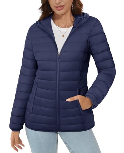 MAGCOMSEN Womens Hooded Puffer Jacket with 4 Pockets Ultra-light Short Water-resistant Padded Jacket Winter Coat, Navy Blue S