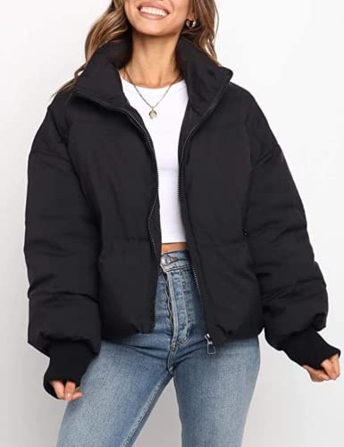 InterNos Women's Winter Stand Collar Zip Puffer Jacket Baggy Short Padded Down Coats(0128-Black-M)