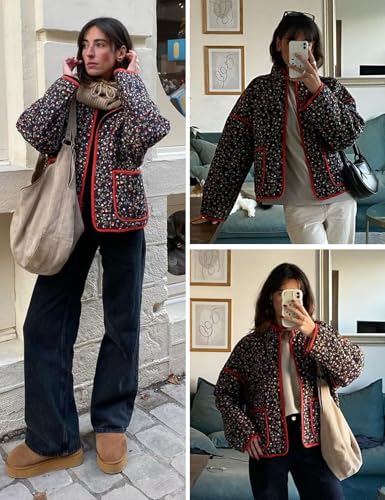 Wyeysyt Women's Cropped Puffer Jacket Lightweight Floral Print Long Sleeve Padded Quilted Puffy Cardigan Coat (Black-M)