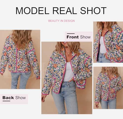 Dokotoo Womens Jackets Stand Collared Long Sleeve Drop Shoulder Pocketed Quilted Winter Jacket Coats Women Casual Soft Open Front Button Up Warm Floral Print Cropped Puffer Jacket Multicolour XL
