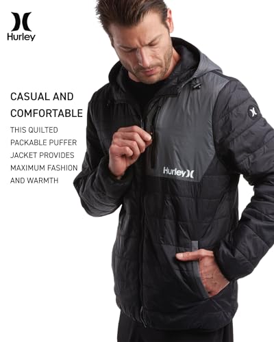 Hurley Men's Jacket - Balsam Lightweight Packable Puffer Coat - Weather Resistant Outerwear Windbreaker Coat for Men (M-XL), Size Medium, Black/Grey