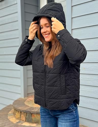 luvamia Women Puffer Coat Womens Jackets Casual Jackets for Women Light Weight Jackets for Women Long Sleeved Black Hoodie Jacket Cozy Apparel Fall Clothes Woman Black Medium Fits Size 8 / Size 10