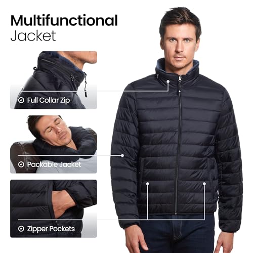 Weatherproof Mens Puffer Jackets - Packable Travel Neck Pillow Black Alternative Down Puffer Jacket Men (Black, L)