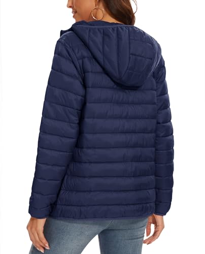 MAGCOMSEN Womens Hooded Puffer Jacket with 4 Pockets Ultra-light Short Water-resistant Padded Jacket Winter Coat, Navy Blue S