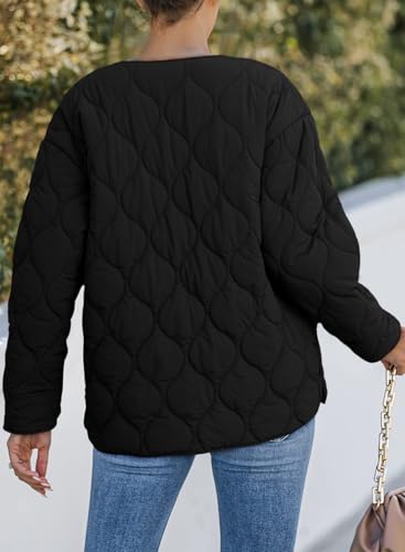 Dokotoo Puffer Jacket Womens Winter Casual Quilted Jackets Fashion Fall Button Down Long Sleeve Drop Shoulder Round Neck Padded Coats Oversized Warm Lightweight Outerwear with Pockets Black M
