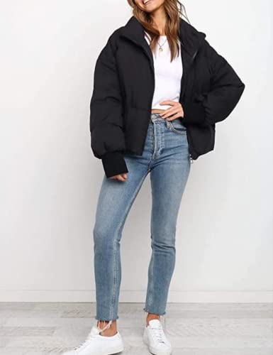 InterNos Women's Winter Stand Collar Zip Puffer Jacket Baggy Short Padded Down Coats(0128-Black-M)