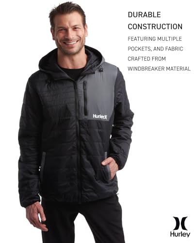 Hurley Men's Jacket - Balsam Lightweight Packable Puffer Coat - Weather Resistant Outerwear Windbreaker Coat for Men (M-XL), Size Medium, Black/Grey