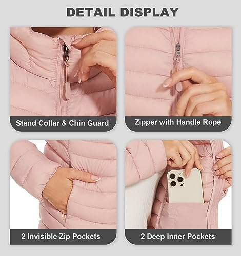 ROYAL MATRIX Women's Packable Puffer Jacket Lightweight Quilted Puffer Jacket Winter Warm Zip-up Jacket Puffy Jacket with Stand Collar (Pink, L)