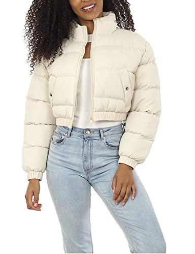 Fenclushy Women's Winter Cropped Puffer Jacket Long Sleeve Button Bown Short Coat(Beige,L)