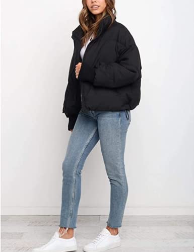 InterNos Women's Winter Stand Collar Zip Puffer Jacket Baggy Short Padded Down Coats(0128-Black-M)