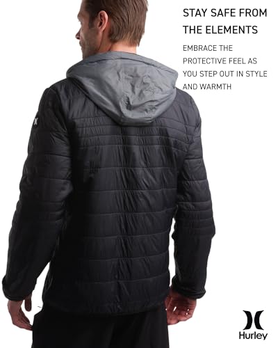 Hurley Men's Jacket - Balsam Lightweight Packable Puffer Coat - Weather Resistant Outerwear Windbreaker Coat for Men (M-XL), Size Medium, Black/Grey