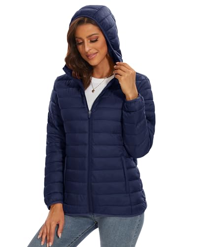 MAGCOMSEN Womens Hooded Puffer Jacket with 4 Pockets Ultra-light Short Water-resistant Padded Jacket Winter Coat, Navy Blue S