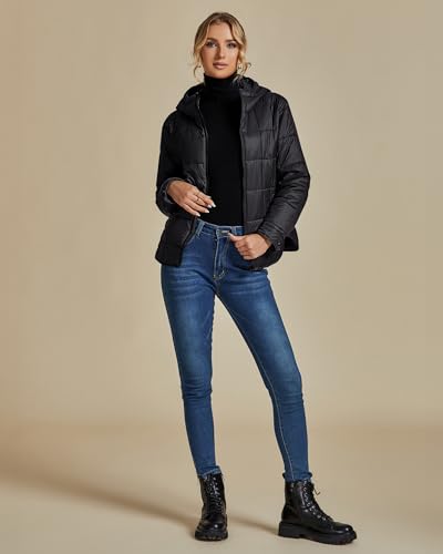 luvamia Women Puffer Coat Womens Jackets Casual Jackets for Women Light Weight Jackets for Women Long Sleeved Black Hoodie Jacket Cozy Apparel Fall Clothes Woman Black Medium Fits Size 8 / Size 10