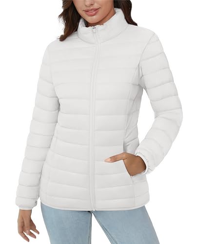 MAGCOMSEN Puffer Jacket for Women Lightweight Quilted Padded Jacket Pockets Stand-collar Full Zip Long Sleeve Coat, White L