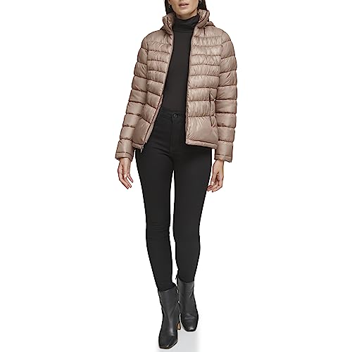 Kenneth Cole Women's Puffer Jacket, Hooded Packable TAN, Large