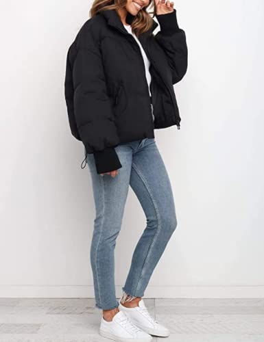 InterNos Women's Winter Stand Collar Zip Puffer Jacket Baggy Short Padded Down Coats(0128-Black-M)