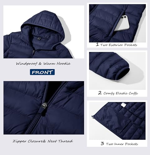 MAGCOMSEN Womens Hooded Puffer Jacket with 4 Pockets Ultra-light Short Water-resistant Padded Jacket Winter Coat, Navy Blue S