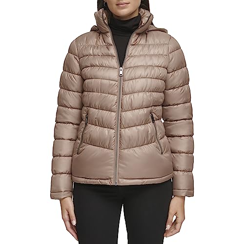 Kenneth Cole Women's Puffer Jacket, Hooded Packable TAN, Large