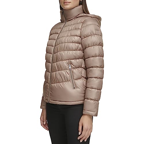 Kenneth Cole Women's Puffer Jacket, Hooded Packable TAN, Large