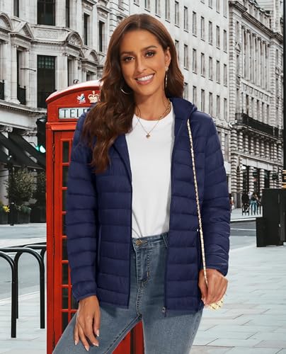 MAGCOMSEN Womens Hooded Puffer Jacket with 4 Pockets Ultra-light Short Water-resistant Padded Jacket Winter Coat, Navy Blue S