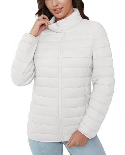 MAGCOMSEN Puffer Jacket for Women Lightweight Quilted Padded Jacket Pockets Stand-collar Full Zip Long Sleeve Coat, White L