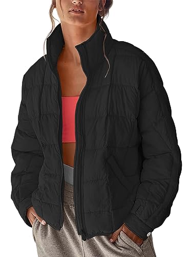 Muchpow Women's Lightweight Down Coat Long Sleeve Full Zipper Oversized Packable Short Puffer Jackets(Black,Medium)