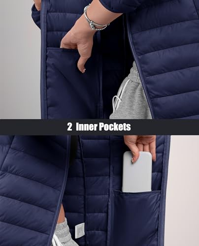 MAGCOMSEN Womens Hooded Puffer Jacket with 4 Pockets Ultra-light Short Water-resistant Padded Jacket Winter Coat, Navy Blue S