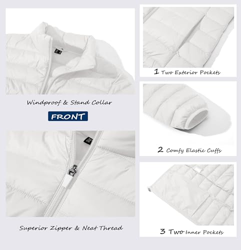 MAGCOMSEN Puffer Jacket for Women Lightweight Quilted Padded Jacket Pockets Stand-collar Full Zip Long Sleeve Coat, White L