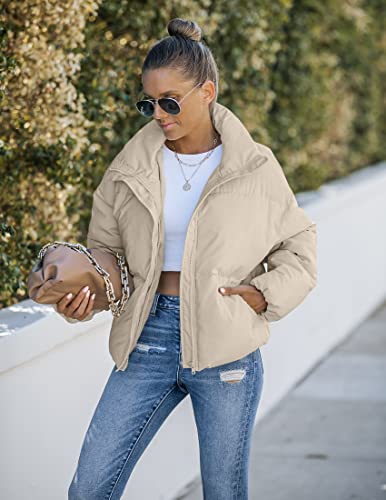 MEROKEETY Women's Long Sleeve Full Zip Puffer Coats Stand Collar Pockets Warm Padded Down Jackets, LightKhaki, S